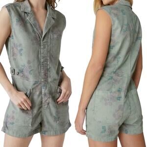Lucky Brand X Laura Ashley Coverall Romper Floral Denim Cinch Waist Green  Large